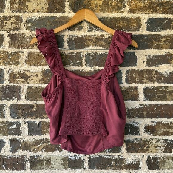 NWT Torrid Washable Challis Smocked Ruffle Trim Crop Top Maroon 0X - Picture 6 of 6